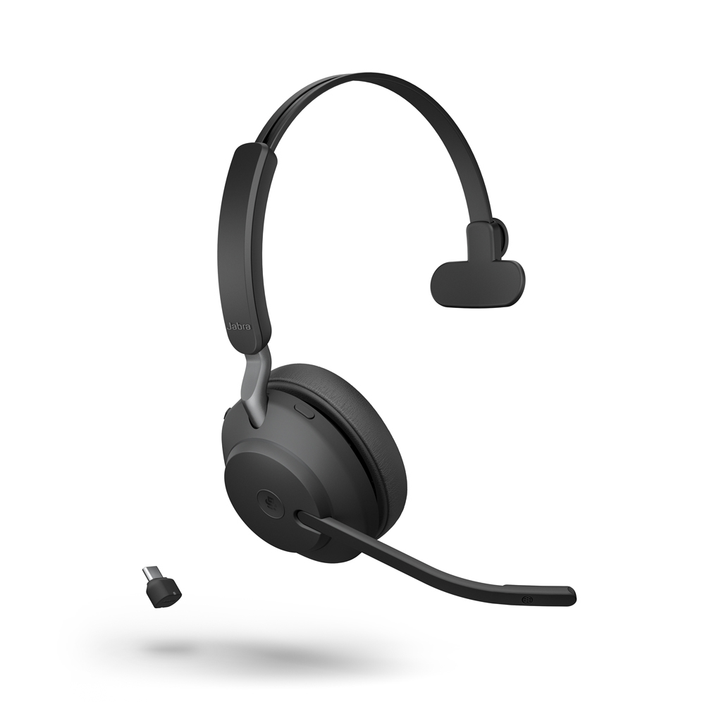 Bild von Jabra Evolve2 65 Headset, Mono, kabellos, schwarz Bluetooth, inkl. Link 380 USB-C, Optimiert Microsoft Teams