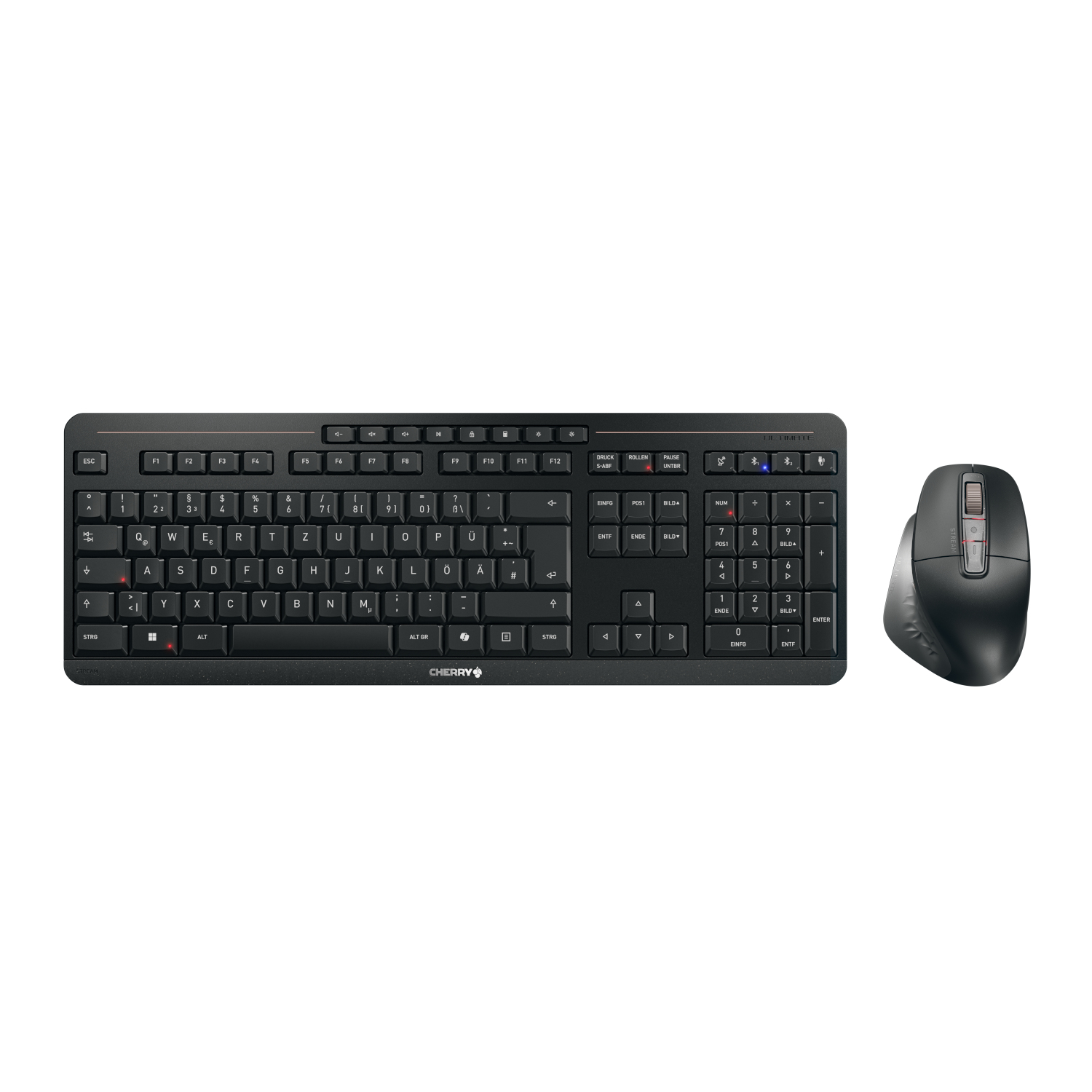 Bild von Cherry Stream Desktop Ultimate, Kabelloses Tastaturset 2x Bluetooth®-5.2-Kanäle, 2,4-GHz-Funk und USB, Ergonomische 7-Tasten-Maus, AES-128-Verschlüsse