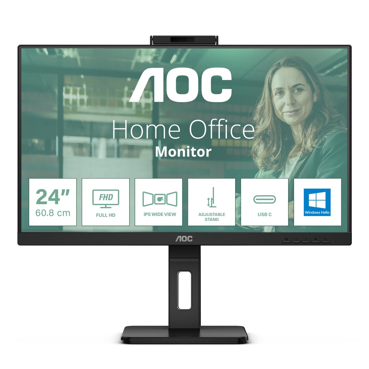 Bild von AOC 24P3CW 24 Zoll Full HD Monitor, 5 MP Webcam, höhenverstellbar, Lautsprecher (1920x1080, 75 Hz, HDMI, DisplayPort (in/out), USB-C