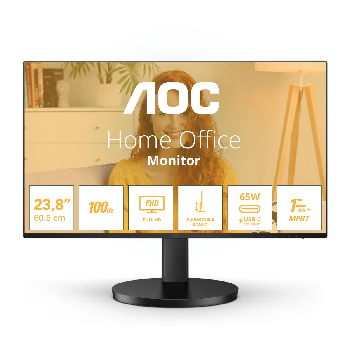 Bild von AOC 24B3CF2 24 Zoll Full HD Monitor, Lautsprecher, höhenverstellbar (1920x1080, 100 Hz, HDMI, USB-C (65W PD), USB Hub) schwarz