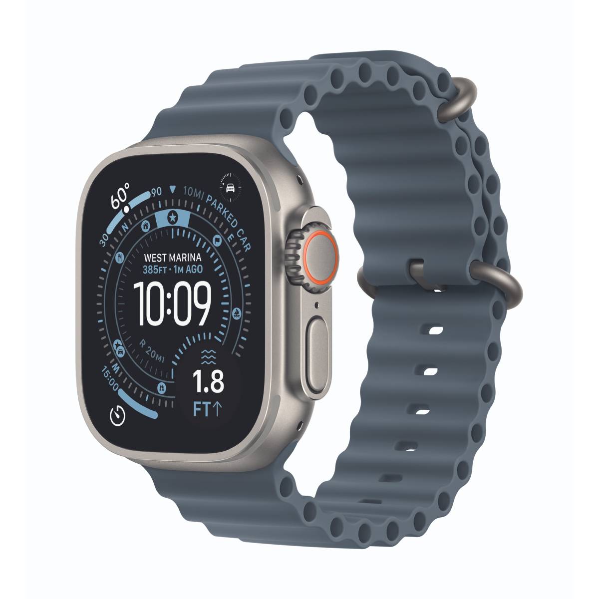 Bild von Apple Watch Ultra 3 Cellular 49mm Natur Titan Gehäuse B-Ware mit Maritimblau Ocean Band