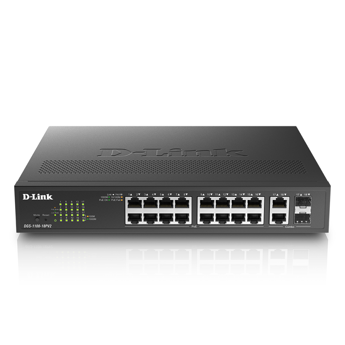 Bild von D-Link DGS-1100-18PV2 Smart Managed Switch 16x Gigabit Ethernet, 2x ComboGE/SFP, Desktop/19"-Rackmontage