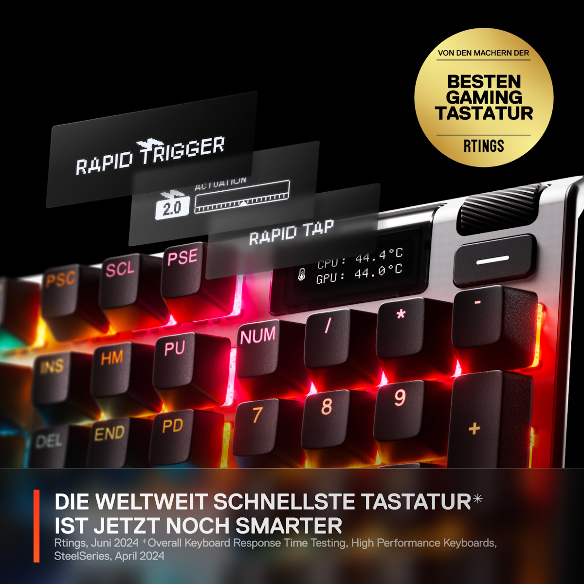 Bild von SteelSeries Apex Pro Gen 3 DE-Layout - kabegebundene Gaming Tastatur mit OmniPoint 3.0 HyperMagnetic-Schaltern